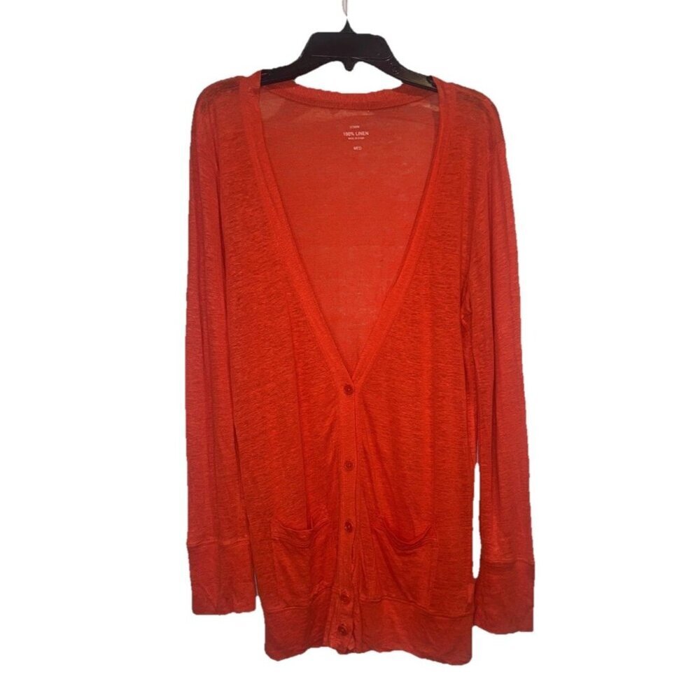 J Crew‎ Women’s Orange Linen Button Front Cardigan Pockets Sz M